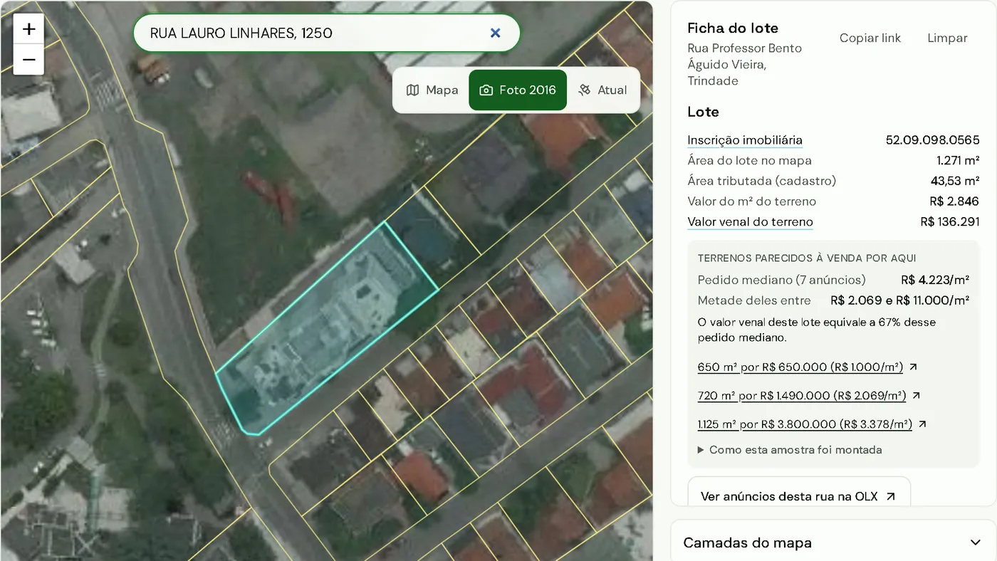 Consulta do terreno: lote da Rua Lauro Linhares destacado na foto aérea, com a ficha do lote ao lado